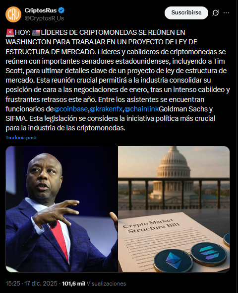 Un tuit que muestra a Tim Scott del comité bancario del Senado de Estados anunciando una reunión entre la industria de las criptomonedas y los bancos.
