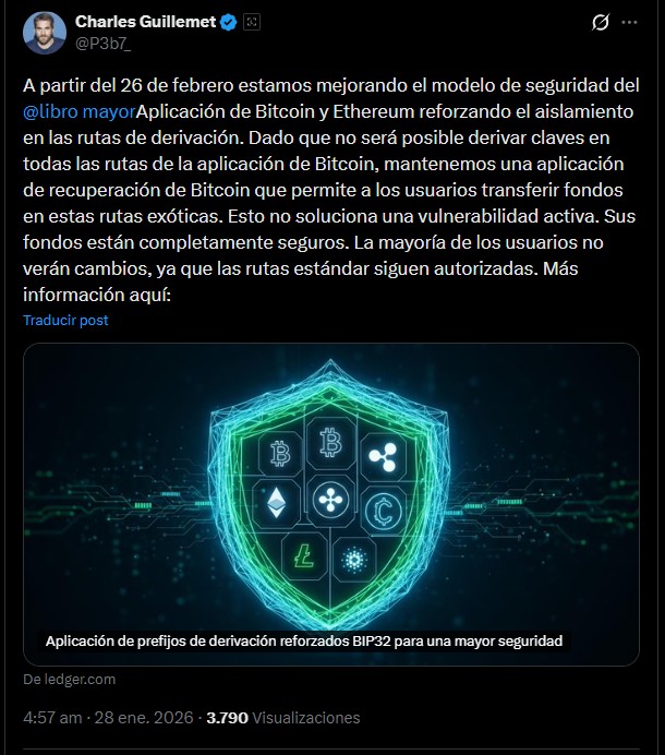 Captura en fondo negro de un tuit de Charle Guillemet donde habla del nuevo modelo de seguridad de Ledger.