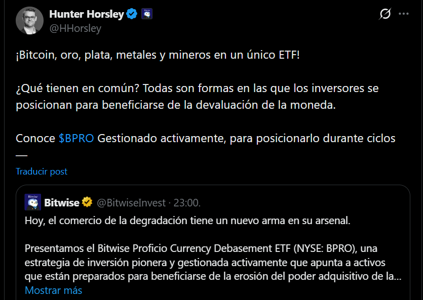 Captura de publicación de Hunter Horsley sobre el nuevo ETF BPRO.
