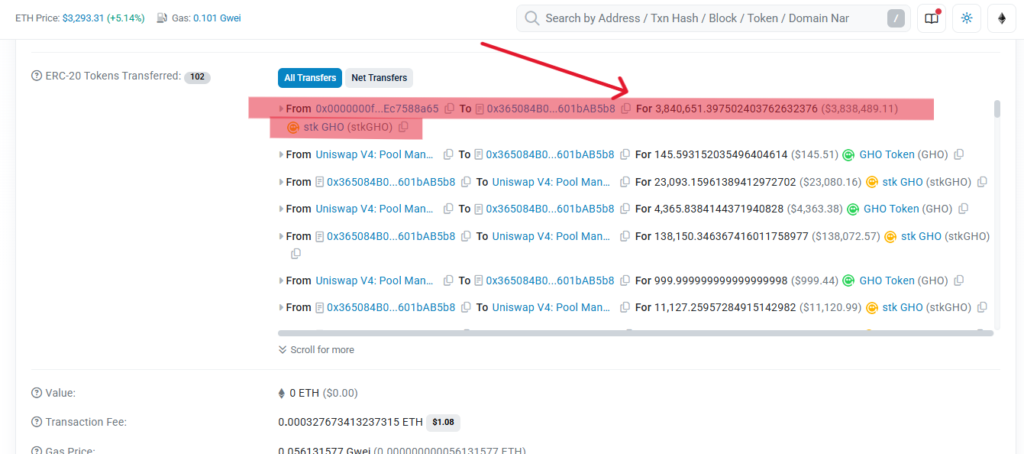 Interfaz del explorador de bloques etherscan, mostrando una transacción.
