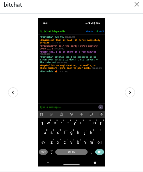 Interfaz de la app Bitchat con una conversación entre usuarios.
