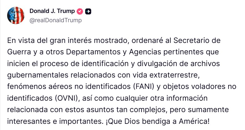Publicación de Donald Trump anunciando desclasificación de archivos gubernamentales sobre vida extraterrestre en Truth Social.

