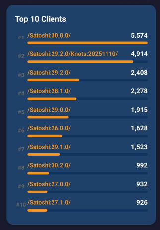 Una captura de pantalla de la app Crawly mostrando los 10 principales clientes para nodos de Bitcoin.