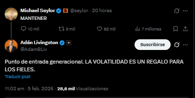 un tuit del bitcoiner Adam Livinstong señalando que la volatilidad de bitcoin es un regalo.