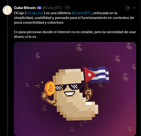 Un tuit de la comunidad Cuba Bitcoin anunciando el lanzamiento de una wallet para los entornos con baja conectividad.