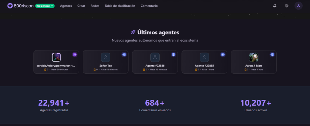 Homepage de la web 8004scan, para revisar agentes de IA en el ecosistema Ethereum.