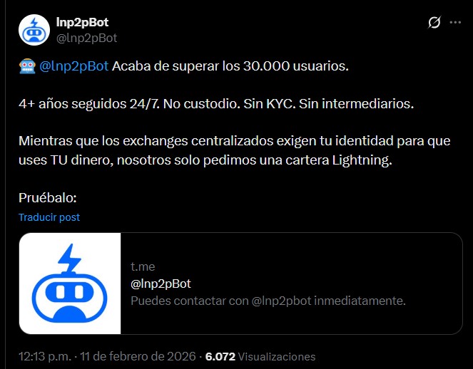 Captura de post de X de la cuenta de lnp2pbot.