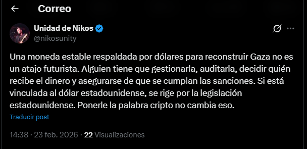 Un tuit del usuario nikosunity sobre la stablecoin que funcionario de Trump evalúan desarrollar para Gaza.