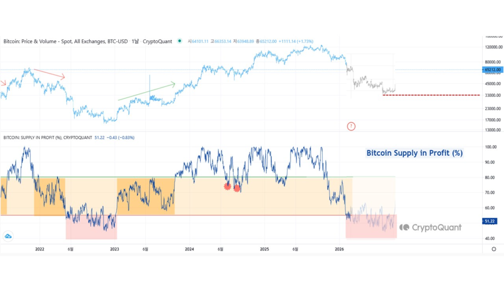 Gráfico de precio de bitcoin junto con otros indicadores como el suministro en ganancia.