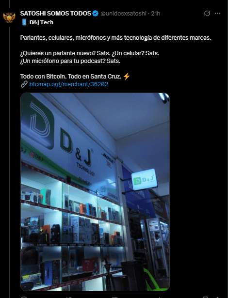 Fachada de una tienda de tecnología en Santa Cruz Bolivia. donde cada vez hay más coimercios aceptando bitcoin.