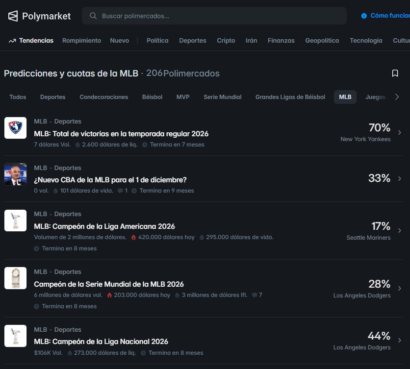 Captura de pantalla de apuestas activas en Polymarkets relacionadas con la MLB.