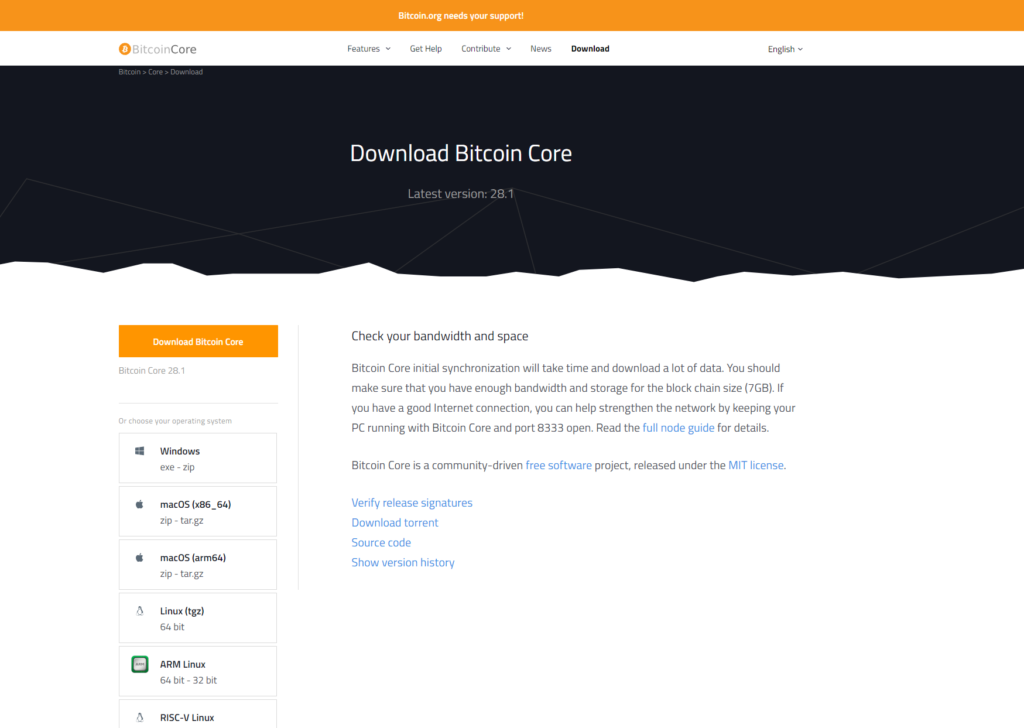 Captura de el sitio de descarga de Bitcoin Core.