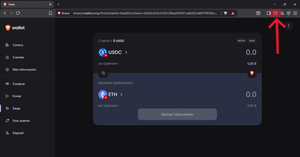Operación de un intercambio en una wallet de criptomonedas.