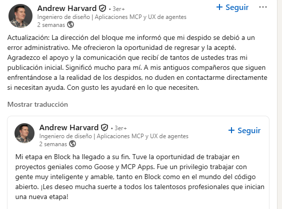 Una publicación en Linkedin de Andrew Harvard, empleado de Block, aefuró que la empresa 