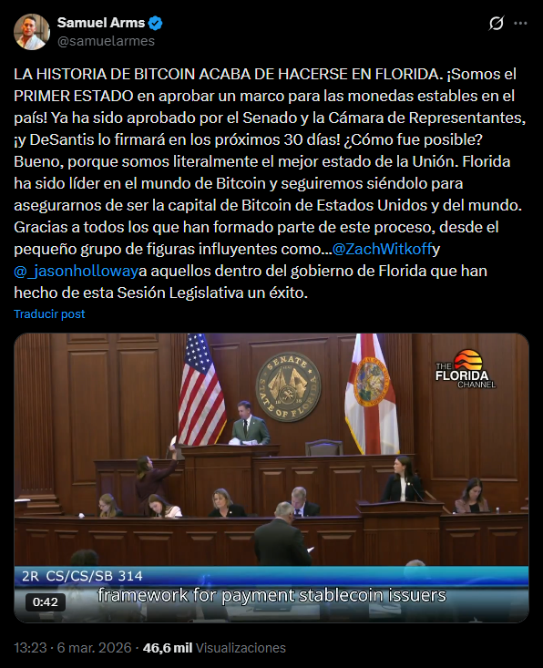 Un tuit de Samuel Armes presidente de la Florida Blockchain Business Association celebrando la primera ley estatal para regular las stablecoins en Estados Unidos.