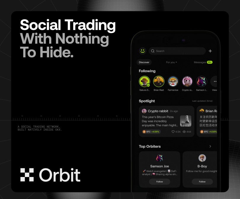 Pantalla de la app OKX mostrando Orbit, red social de trading integrada.

