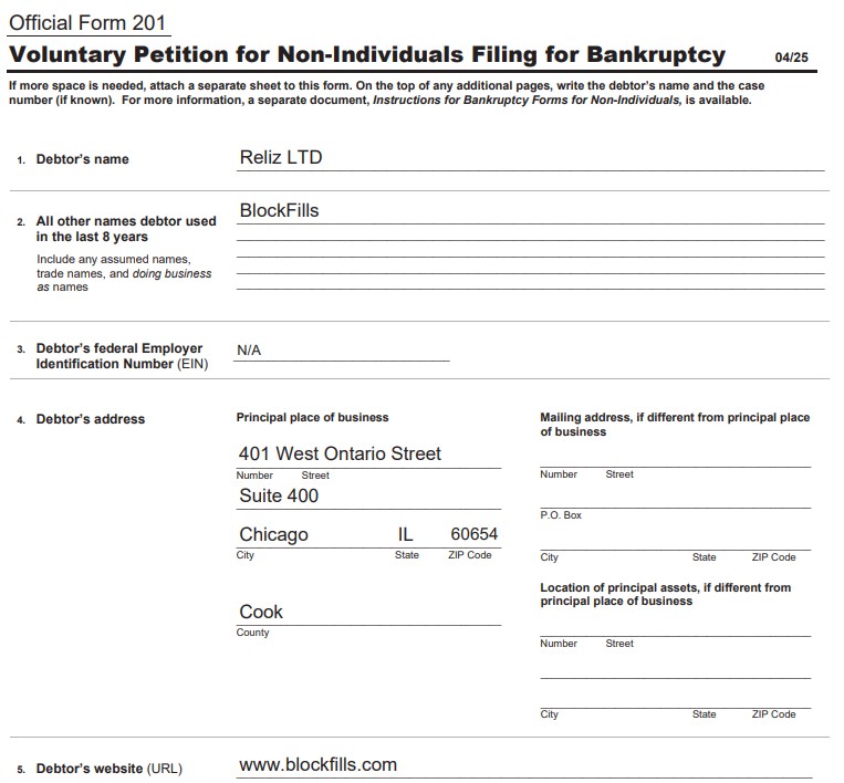 Petición Voluntaria de Quiebra de BlockFills.