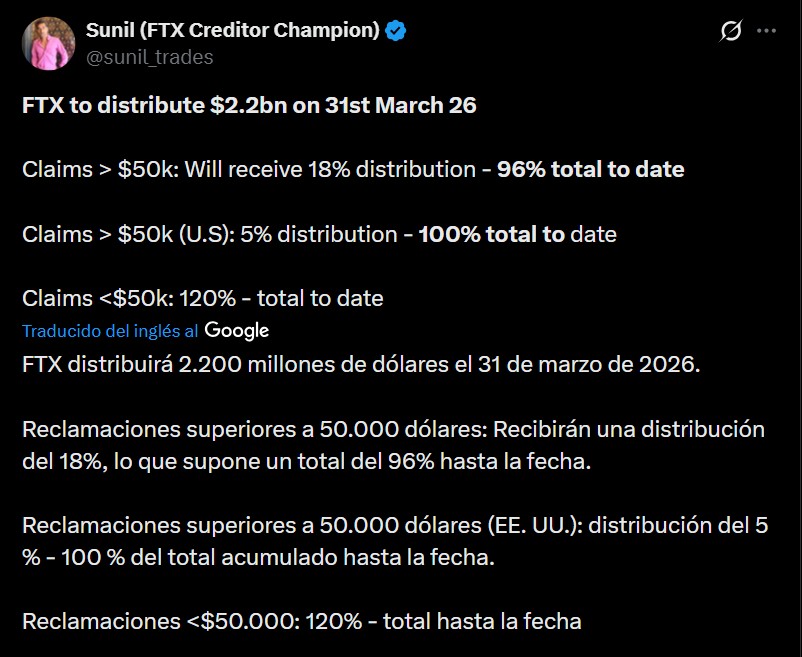 Mensaje en X de Sunil Kavuri, acreedor de FTX. 