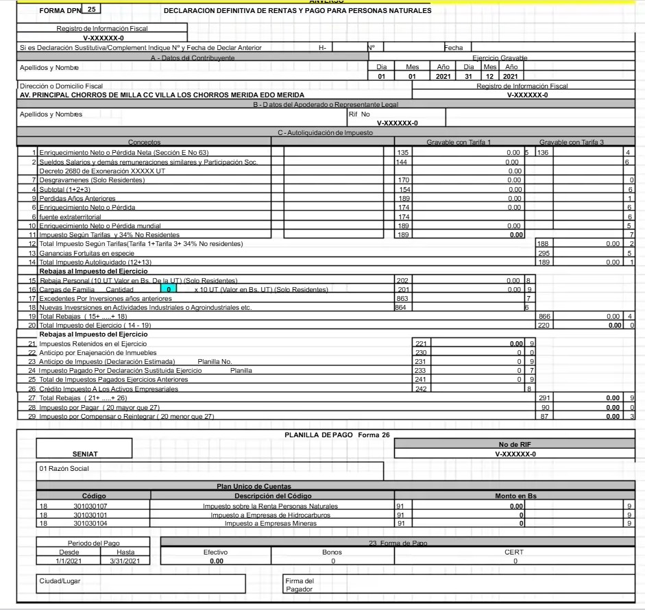Captura de pantalla del formulario DPN 25 del Seniat.