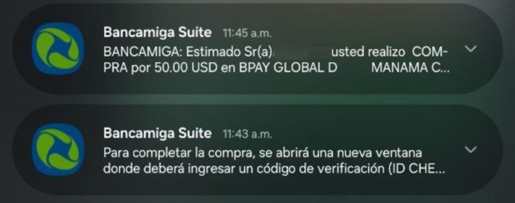 Captura de pantalla de notificación de Bancamiga de Venezuela.
