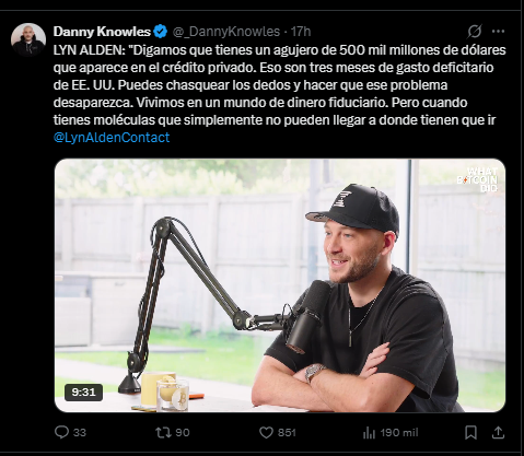 Un mensaje en X publicado por Danny Knowles tras su conversación con la macroeconomista Lyn Alden.