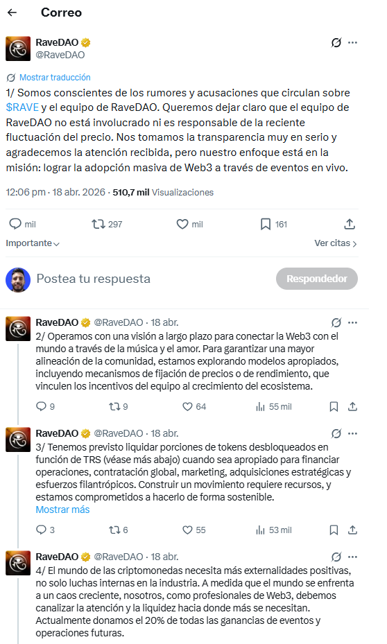 Screenshot de publicaciones en X de RaveDAO.