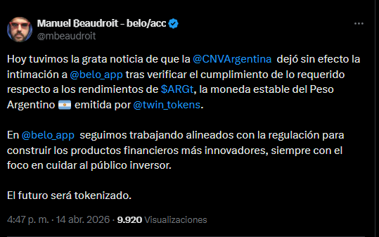 Un mensaje del CEO de Belo Manuel Beaudroit sobre el caso de la stablecoin ARGt.