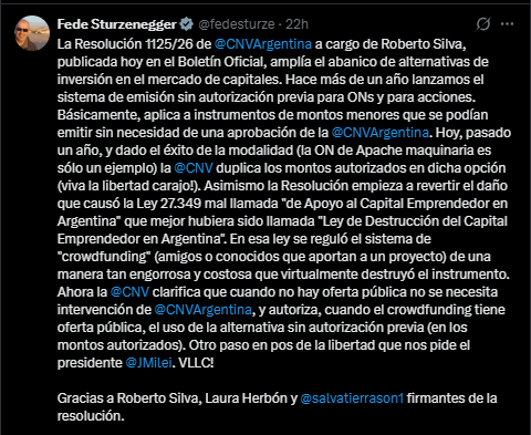 Comentario en X del ministro de Argentina Sturzenegger sobre la resolución 1125/26 que reconoce a bitcoin como parte del patrimonio del inversor.