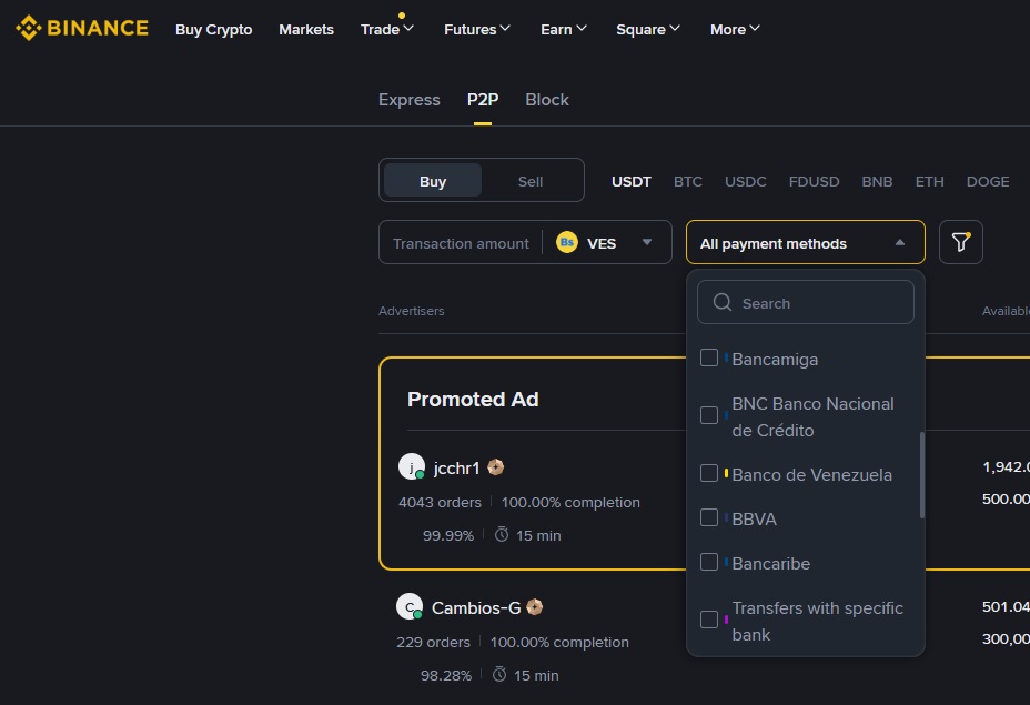 Captura de pantalla del P2P de Binance.