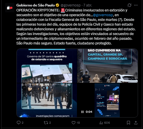 Un mensaje publicado por el gobierno de Sao Paulo sobre la Operación Kriptonita con imágenes de patrullas y policías de Brasil.