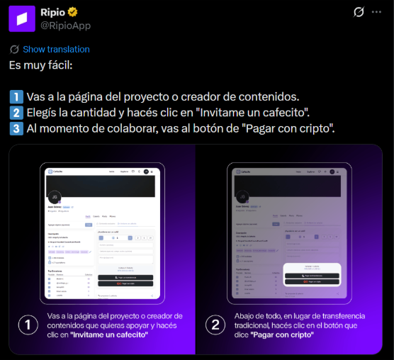 Captura de pantalla de una publicación de Ripio que explica el paso a paso para usar wARS.