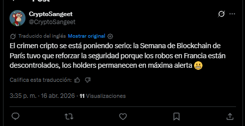 Comentario de un usuario en X sobre la seguridad desplegada durante el evento Blockchain Week de Paris.