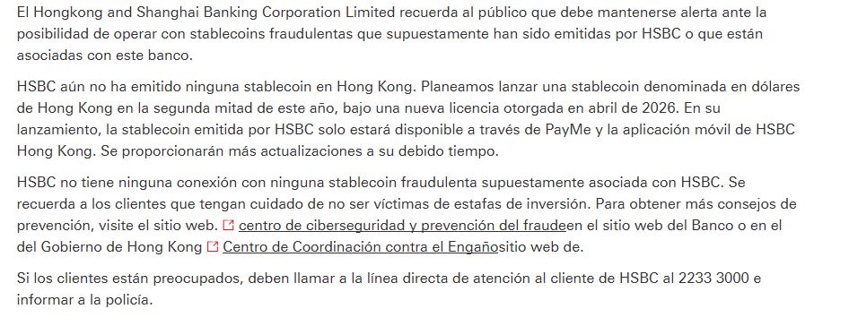 Comunicado que emitió el HSBC
