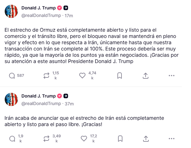 Screenshot de publicaciones de Donald Trump en TruthSocial.