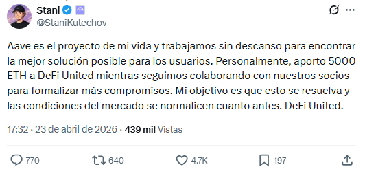 Screenshot de publicación en X del fundador de Aave.