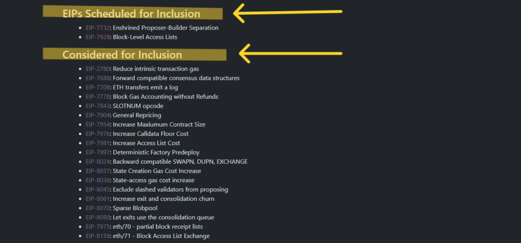Datos de propuestas de mejora para el protocolo Ethereum.