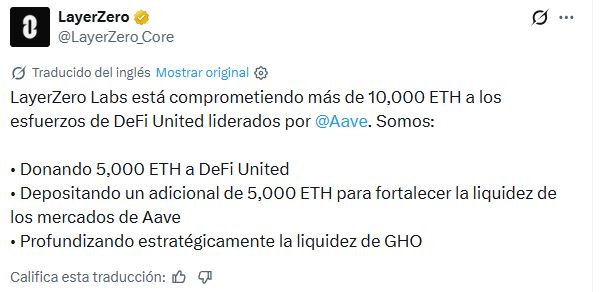 Publicación en X de LayerZero anunciando aporte a DeFiUnited