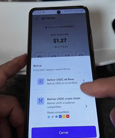 Captura de un la pantalla de un teléfono con la app P2P.me para opoeraciones con USDC.