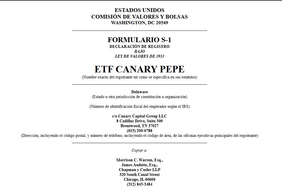 Presentación del formulario S-1 para la emisión de un ETF de PEPE. 