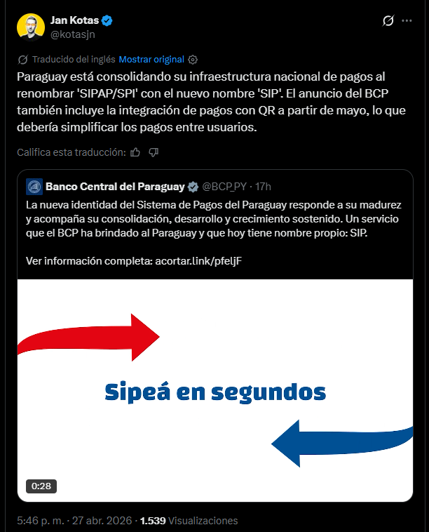 Captura de un tuit que capta lo que ocurre actualmente sobre el lanzamiento del nuevo sistema bancario del Banco Central de Paraguay.