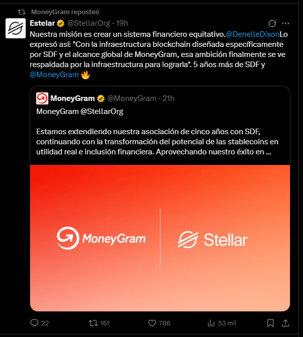 Captura de un mensaje en X de las empresas MoneyGram y Stellar para anunciar la extensión de su alianza para llevar remesas con stablecoins en Latinoamérica.