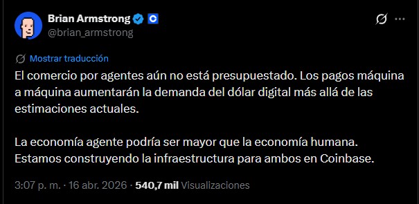 Captura de pantalla del post de X de Brian Armstrong.