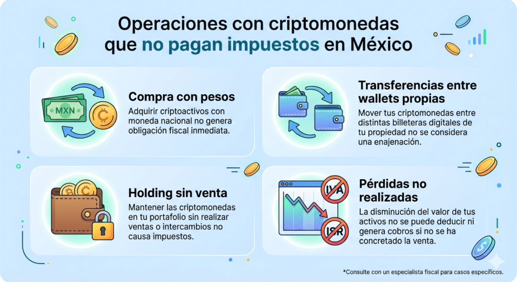 Infografía que muestra las operaciones co criptomonedas que no pagan impuestos en México.