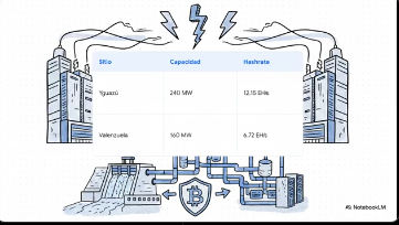 Infografía de la minería de Bitcoin en Paraguay que detalla la capacidad de HIVE Digital Technologies en los sitios de Yguazú (240 MW, 12.15 EH/s) y Valenzuela (160 MW, 6.72 EH/s) conectados a una represa hidroeléctrica.