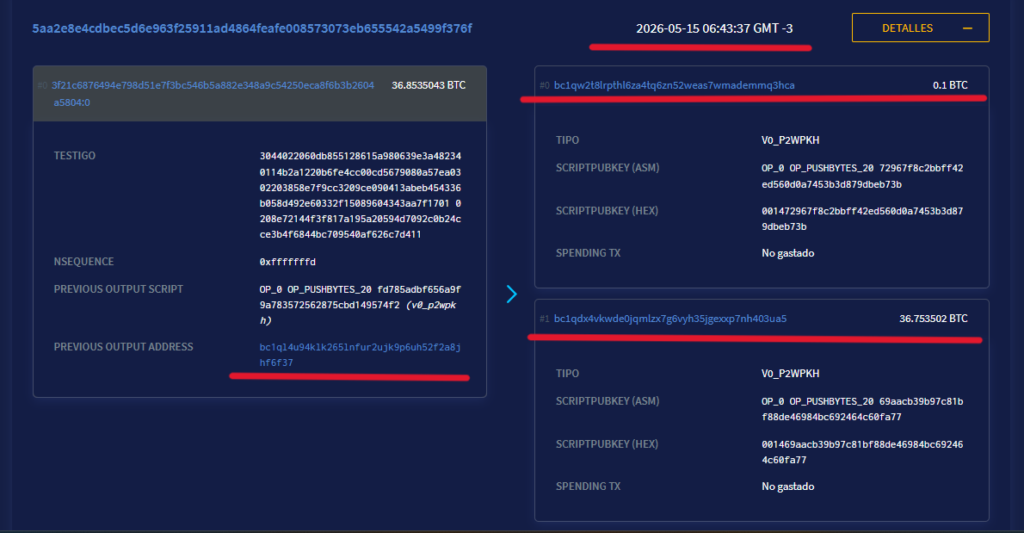 Datos de una operación en la red Bitcoin.