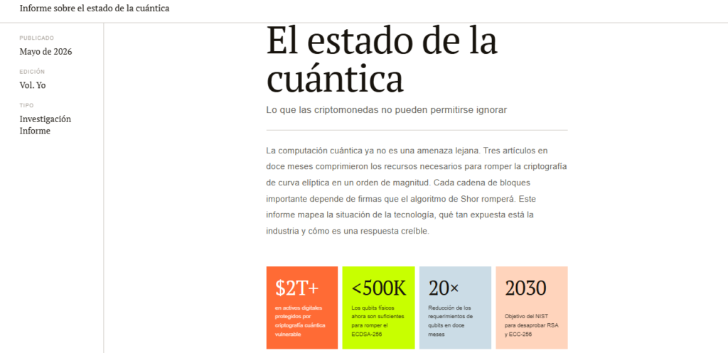 Portada de un informe sobre computación cuántica y Bitcoin y criptomonedas.