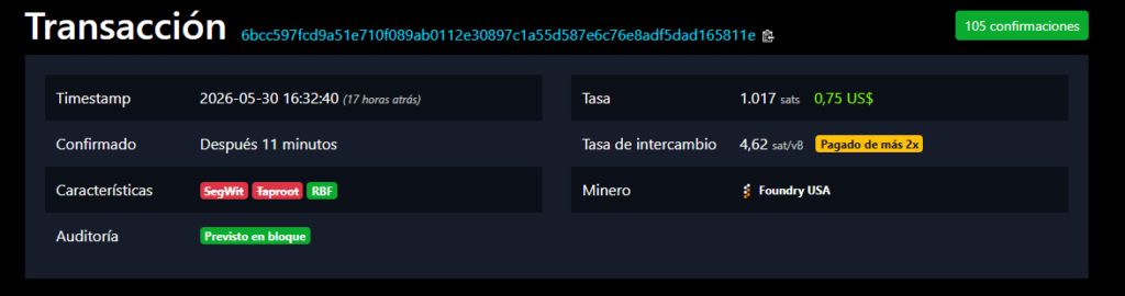 Captura del explorador Mempool que muestra la transacción de canje de una moneda Casascius de 1 BTC.