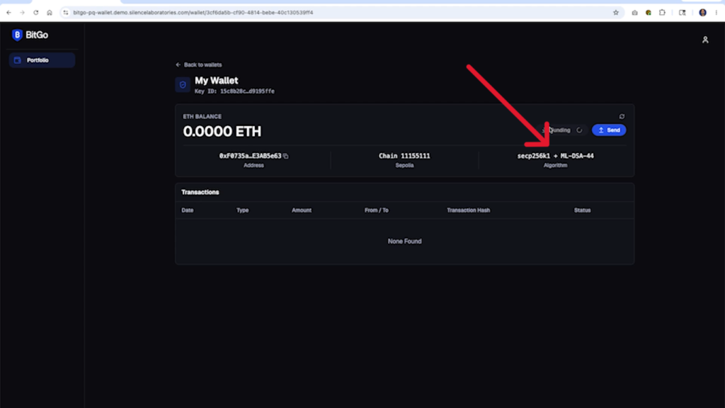 Interfaz de una wallet efectuando una transacción de criptomonedas.