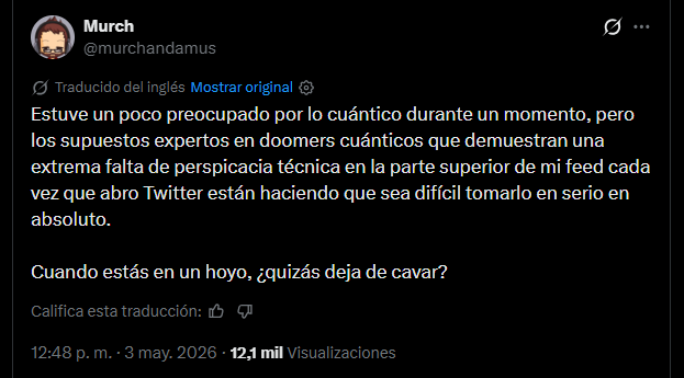 Texto de una publicación en X sobre Bitcoin y computación cuántica.