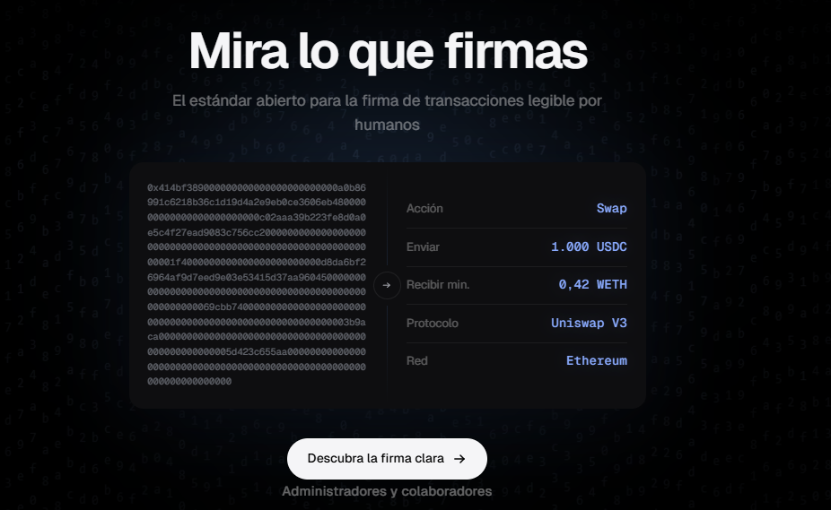 Interfaz de una pagina web del ecosistema Ethereum.